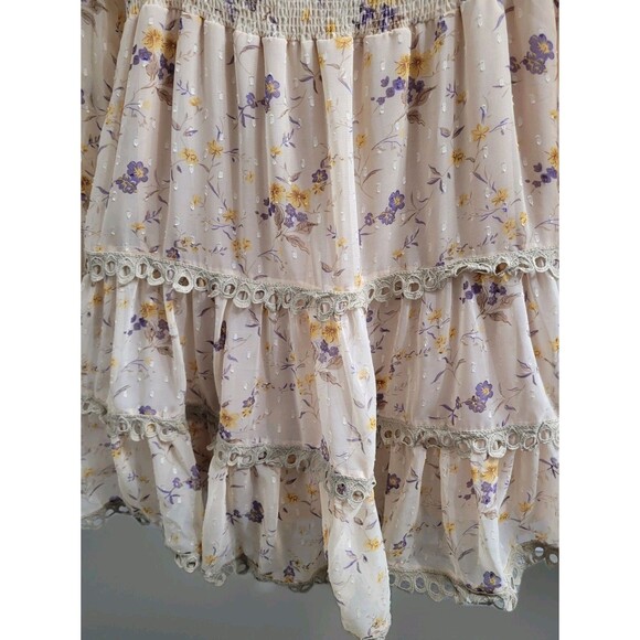 THE SHIRT ROCHELLE BEHRENS XS Sheer Beige Blue Floral Ruffle Trim Mini Dress - Picture 9 of 11